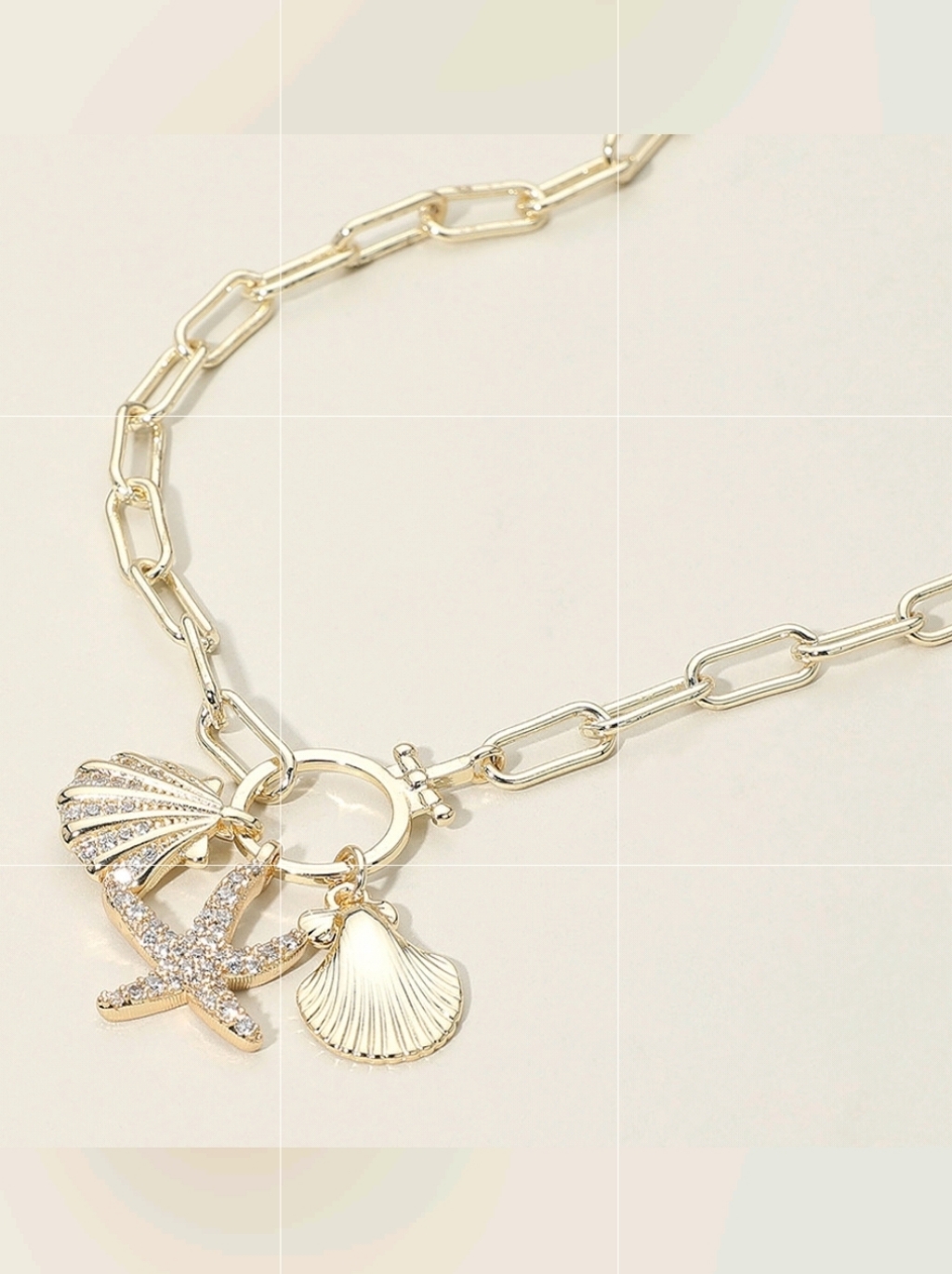Gold Cz Sea Shell Starfish Pendant Industrial Chain Link Dangle Charm Necklace